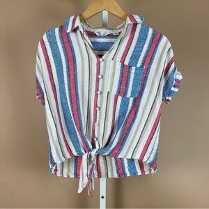 Caffe’ Marrakech Small Striped Linen Blend Short Sleeve Tie Waist Top Beachy